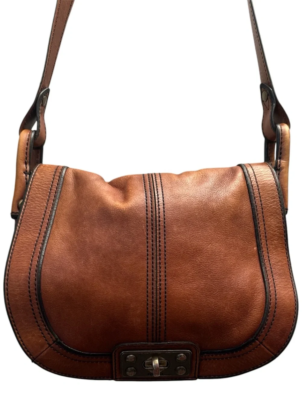Fossil Cognac Leather Saddle Crossbody with Turn-Lock - Picture 1 of 10